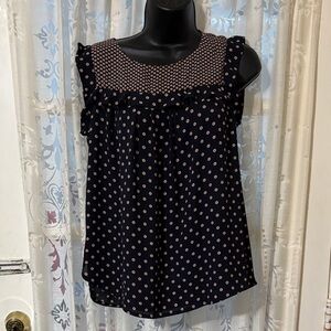 LOFT Navy Sleeveless Polka Dot Ruffle Yoke Blouse